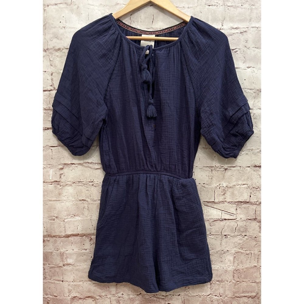 Knox Rose Womens Romper Navy Blue Gauze Peasant Puff Sleeve Size Medium NEW
